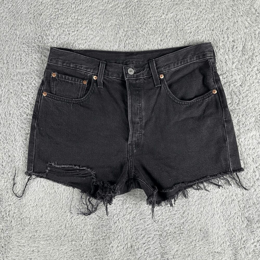 Levi's Womens 501 Grunge Shorts W32 Black Fringe Raw Hem Button Fly Distressed